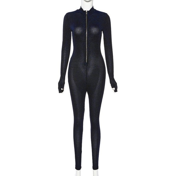 Genomskinlig jumpsuit för kvinnor med dragkedja svart XS