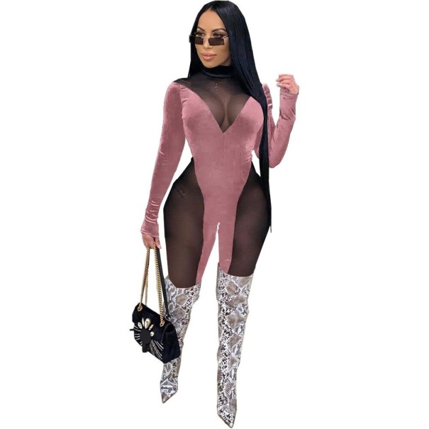 Genomskinlig jumpsuit för kvinnor med långa ärmar rosa L