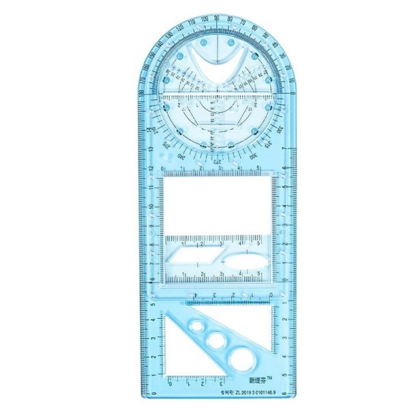 Geometrische multifunctionele tekenliniaal, tekensjabloon voor schoolkinderen, multifunctionele meet- en tekentool blauw