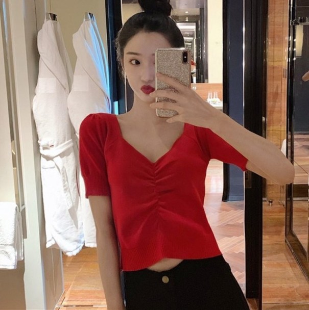 Geplooid elastisch T-shirt voor dames rood