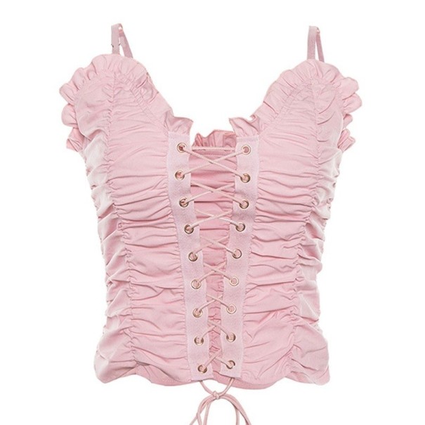 Geplooide top voor dames met vetersluiting roze S