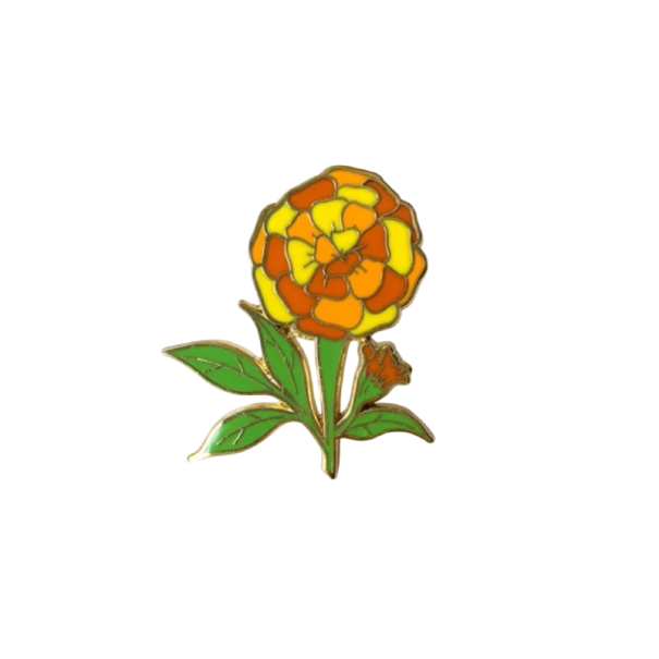 Gepolijste pin bloem oranje-geel botanische broche metalen badge groene bladeren natuurlijke motief sieraad accessoire voor rugzak kledingklep 1