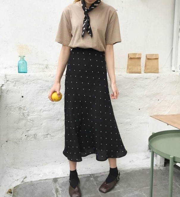 Gepunkteter Midirock für Damen mit hoher Taille XS