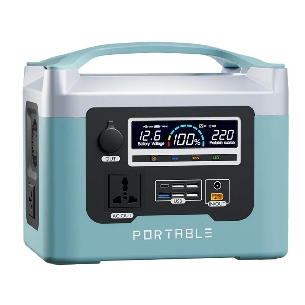 Gerador portátil com bateria de Li-Ion 800W 600Wh Gerador solar exterior com ecrã LED Estação de carregamento doméstica com lanterna 29,5 x 20 x 29 cm azul