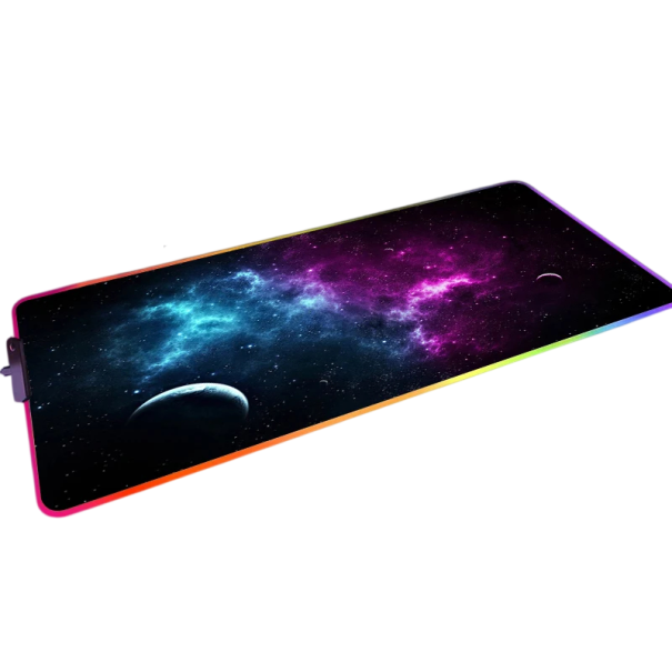 Geräumige Gaming-Maus- und Tastaturunterlage mit LED-Beleuchtung 350 x 900 x 4 mm Motiv Weltraum Galaxie Planet Blau Violett Rosa für PC