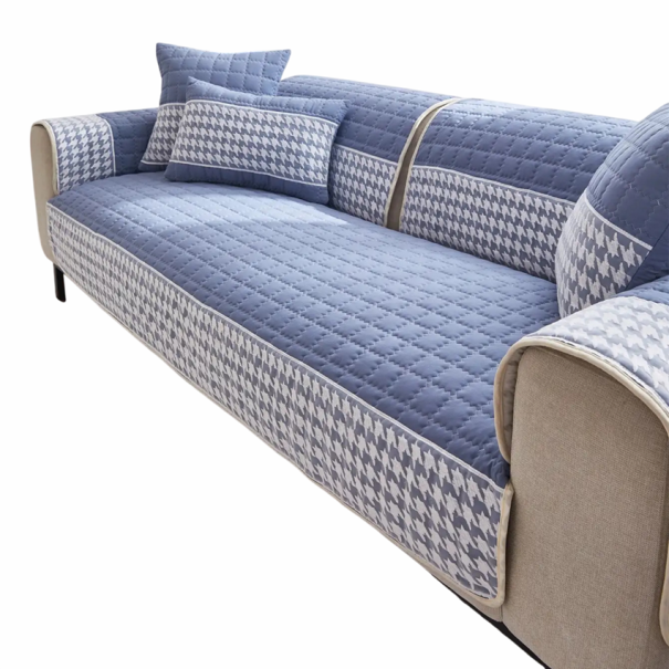 Gestepfter Schutzbezug für Sofa 90 x 90 cm Rutschfester Hahnentrittmuster-Design für Sofa und Sessel im Wohnzimmer blau