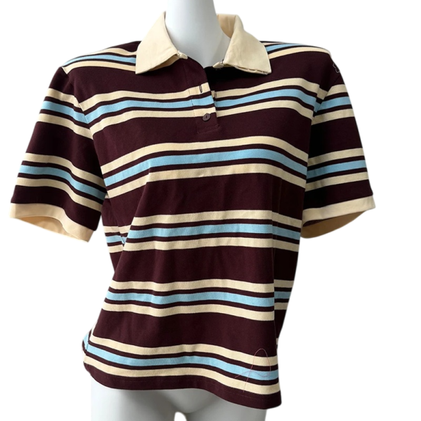Gestreept T-shirt met kraag voor dames. Elegante katoenen polo met halssluiting. Casual T-shirt in retrostijl. bruin M