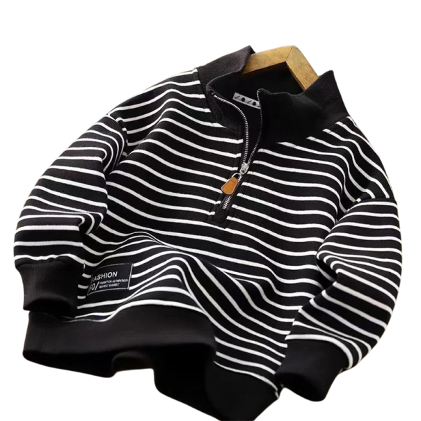 Gestreepte kindertrui met col en halve rits Katoen en polyester Sportieve trui voor jongens en meisjes Vrije snit voor de herfst Verschillende kleuren zwart 5