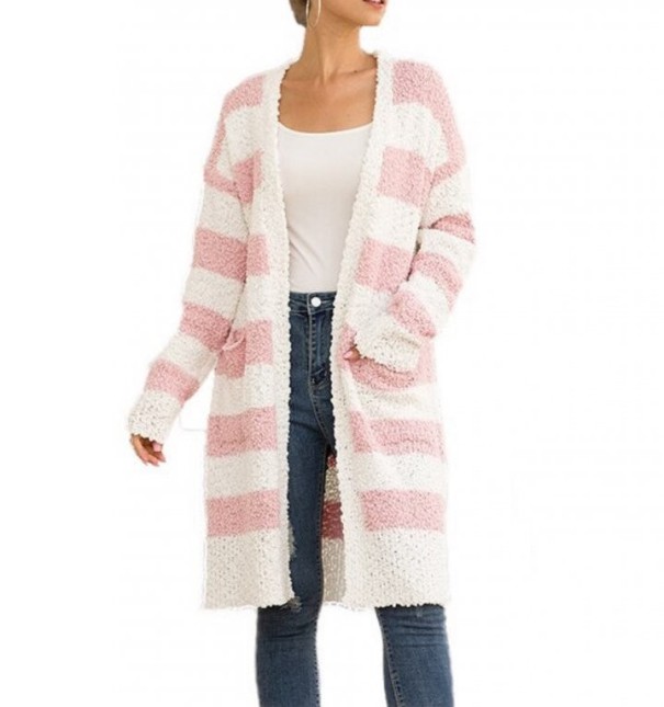 Gestreepte shaggy cardigan voor dames roze M