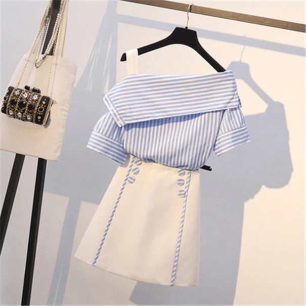 Gestreepte top en rok voor dames lichtblauw 3XL