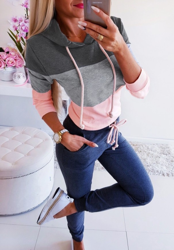 Gestreifter Damen-Hoodie B16 dunkelgrau L