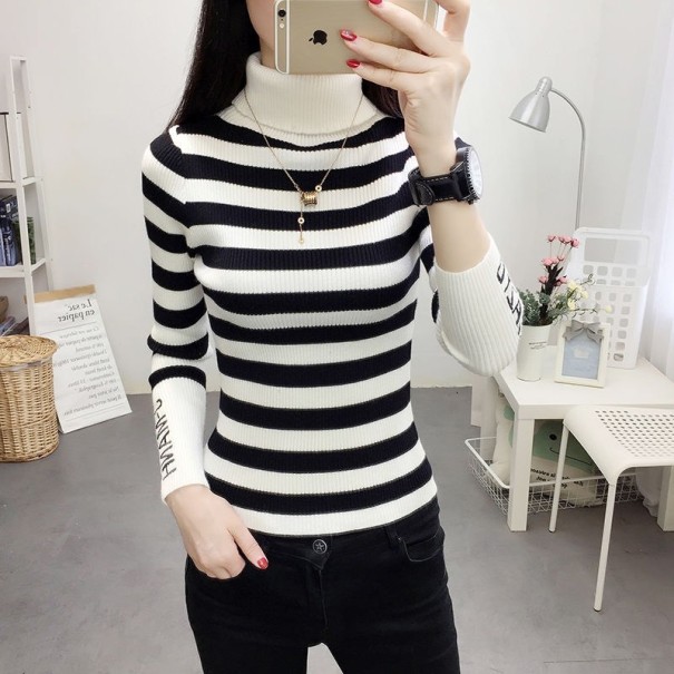 Gestreifter elastischer Rollkragenpullover für Damen weiß XS