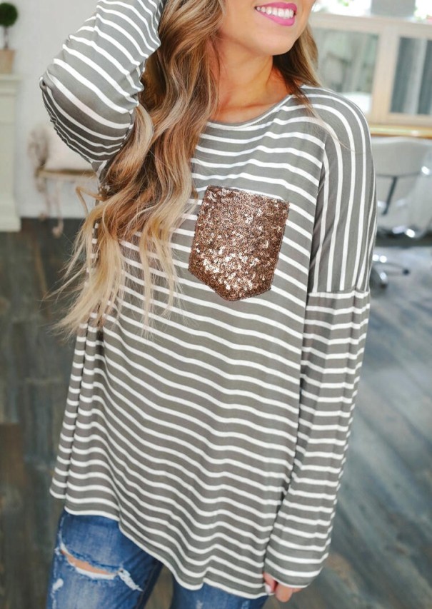 Gestreiftes Damen-T-Shirt mit Paillettentasche S