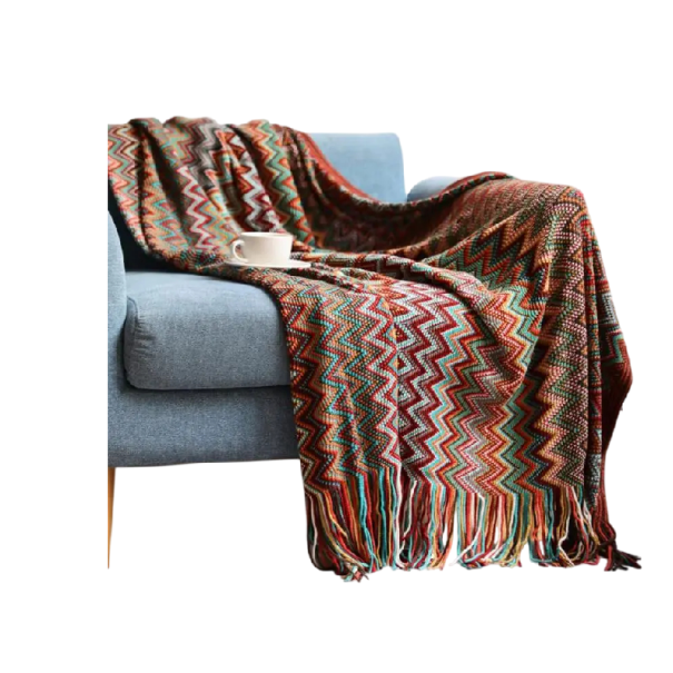 Gestrickte Decke mit Fransen 127 x 180 cm aus 100% Acryl Jacquardmuster im Boho-Stil atmungsaktiver Überwurf für Sofa und Bett im Schlafzimmer rot
