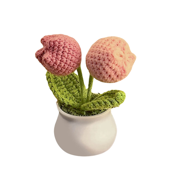 Gestrickte Tulpenpflanze im Topf 12 cm aus Wollgarn rosa grüne Dekoration für Tisch Regal und Innenraum 1