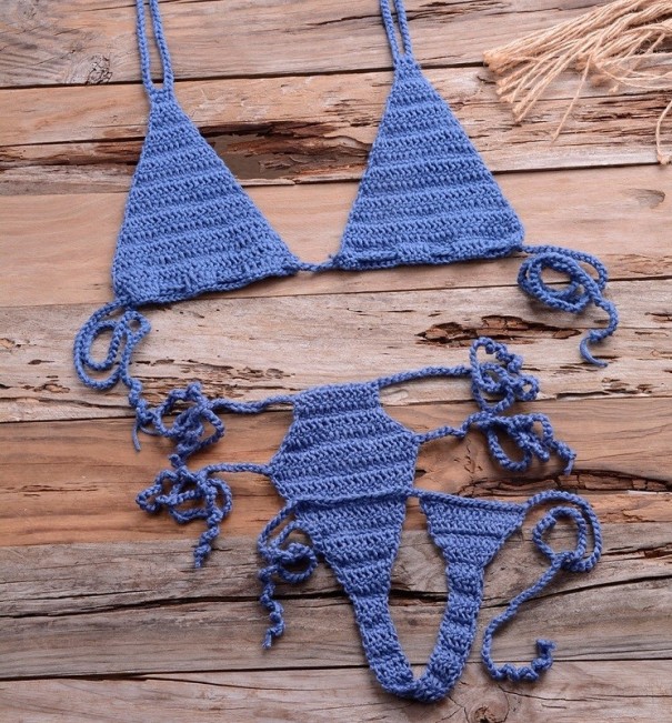 Gestrickter Mikro-Bikini für Damen P739 blau XS