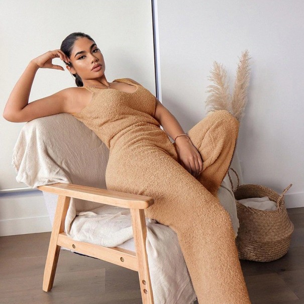 Gestricktes Crop-Top und Hose für Damen hellbraun M