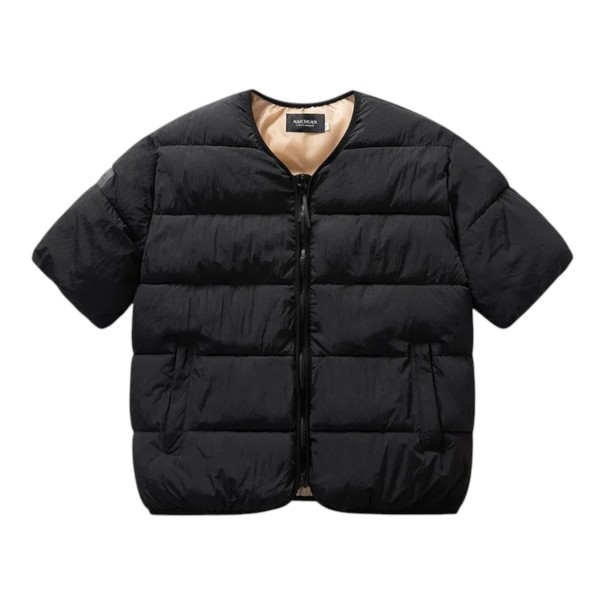 Gevoerde vest met korte mouwen zonder kraag met een volledige ritssluiting en voering en schuine zakken aan de zijkanten unisex zwart XS