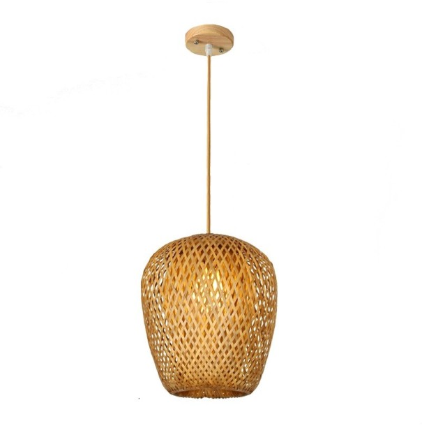 Geweven rieten hanglamp, houten hangende kroonluchter E27-lamp, decoratie van riet, handgeweven, natuurlijk lichtpunt, 26 x 19 cm