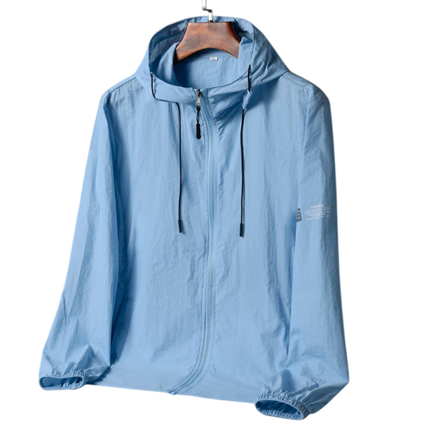 Giacca a vento leggera unisex con zip e cappuccio e cordino di regolazione Giacca a vento traspirante per la transizione contro il vento blu L