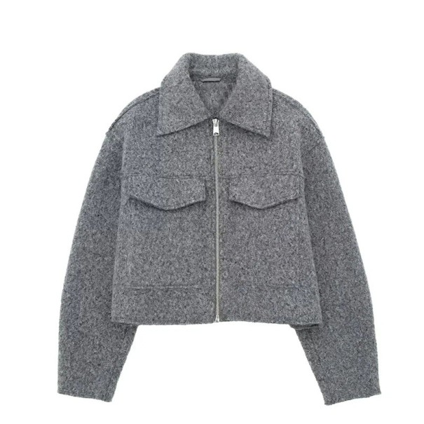 Giacca autunnale da donna in lana con zip Taglio corto Collo a revers Due tasche con patta Elegante giacchino per la stagione di transizione Stile urbano grigio XS