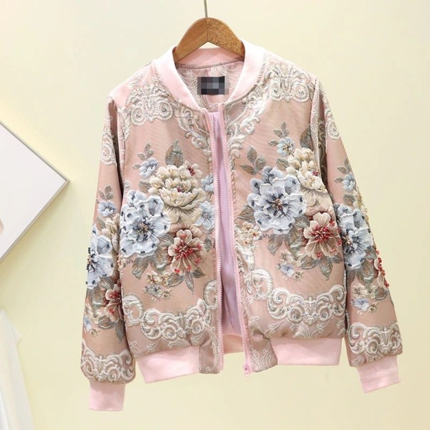 Giacca bomber da donna con fiori in rilievo e motivo ornamentale Chiusura con zip Colletto e polsini a costine Poliestere e spandex rosa L