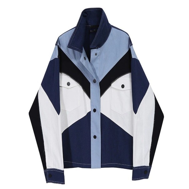 Giacca camicia da donna Patchwork blu e bianco con parti nere Chiusura con bottoni a pressione Tasche sul petto con patta Cucitura a contrasto 1