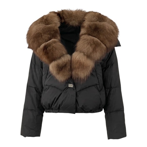 Giacca corta da donna in piuma con colletto in vera pelliccia e orlo elasticizzato, trapuntata, dal taglio ampio per l'inverno in città nero S