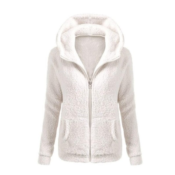 Giacca da donna in pile riscaldante con cappuccio e zip Superficie in peluche simile a quella di un agnello Due tasche anteriori Per bianco XL