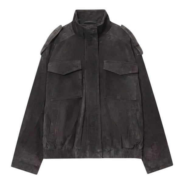 Giacca da donna in suede con colletto e tasche sul petto con patta con spalline e orlo elastico oversize per l'autunno nero XS