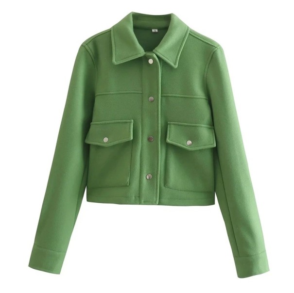 Giacca da donna per la transizione con chiusura a bottoni a pressione Giacca elegante a vita con colletto Cappotto elegante con tasche Giacca primaverile e autunnale verde XS