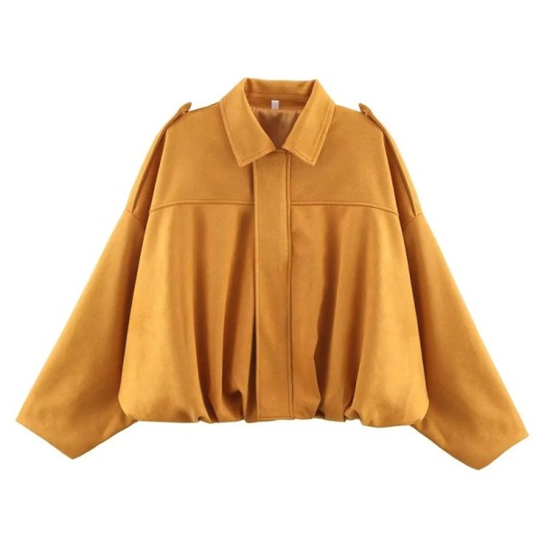 Giacca da donna primavera in suede oversize con colletto a maniche lunghe e orlo arricciato per tempo libero in città e all'aperto arancione S