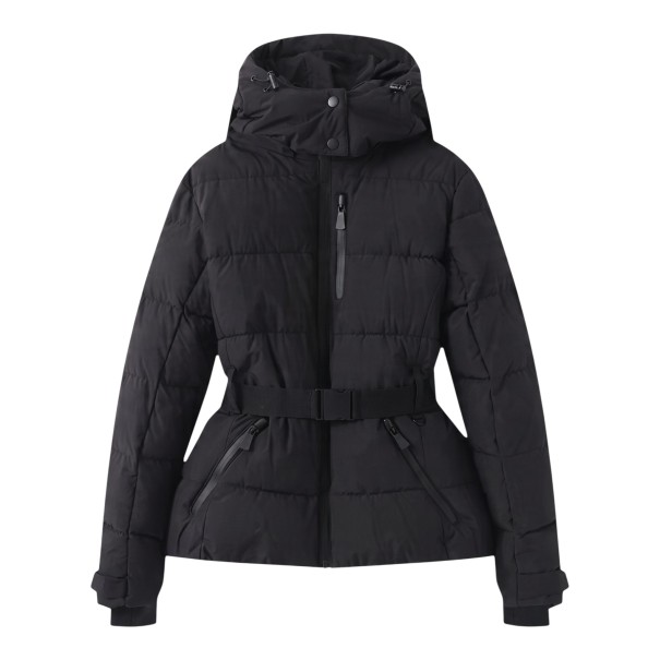 Giacca da sci invernale da donna con cappuccio e cintura in vita trapuntata con zip e tasche con zip e aperture per il pollice nero XS