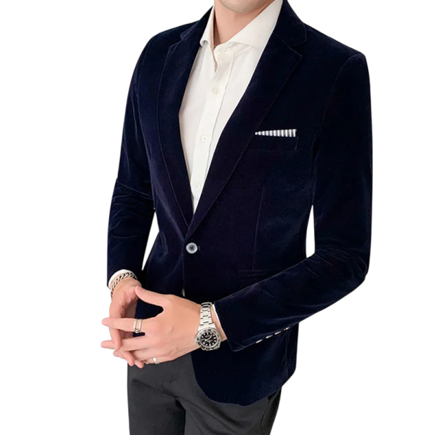Giacca da uomo in poliestere e viscosa Giacca elegante monocolore per uomini con taschino sul petto Giacca formale alla moda con bottone in vari colori blu scuro XS