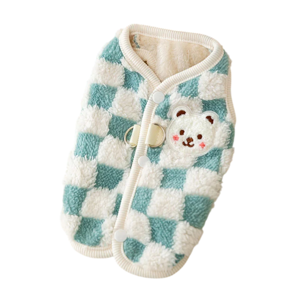 Giacca di peluche a quadri con bottoni e fibbia per gatti 1,2 - 2 kg Giacca invernale calda Vestibilità comoda Abbigliamento carino per gatti Materiale caldo blu