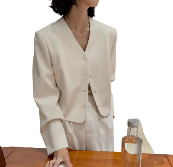 Giacca donna monocolore con tasche e scollatura a V Giacca elegante e versatile con bottoni in poliestere, microfibra e acetato in vari colori beige
