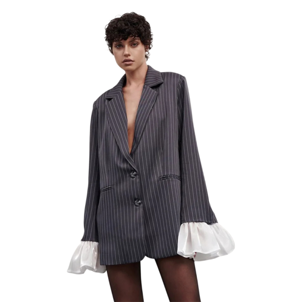 Giacca elegante da donna a righe con tasche e chiusura a bottoni Giacca monocolore elegante in poliestere e cotone per lavoro, incontri e tempo libero grigio L