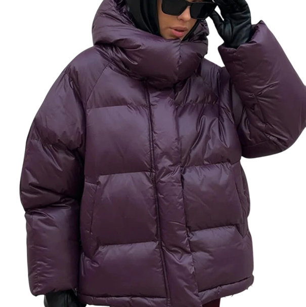 Giacca invernale da donna Chiusura con zip e bottoni Cappuccio Poliestere cotone Giacca invernale calda con vestibilità comoda Cappotto elegante per i freddi mesi invernali viola M