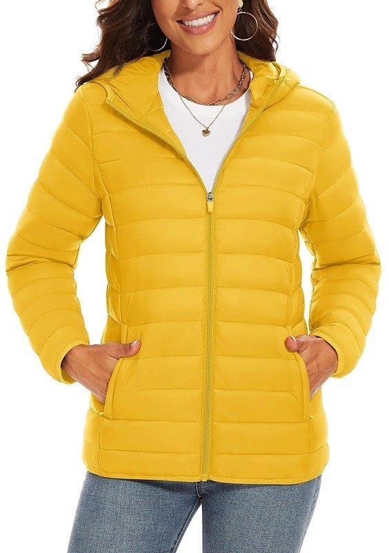 Giacca invernale da donna con cappuccio Giacca trapuntata con zip Giacca calda con tasche Giacca leggera imbottita per la città Taglio elegante per il freddo giallo M