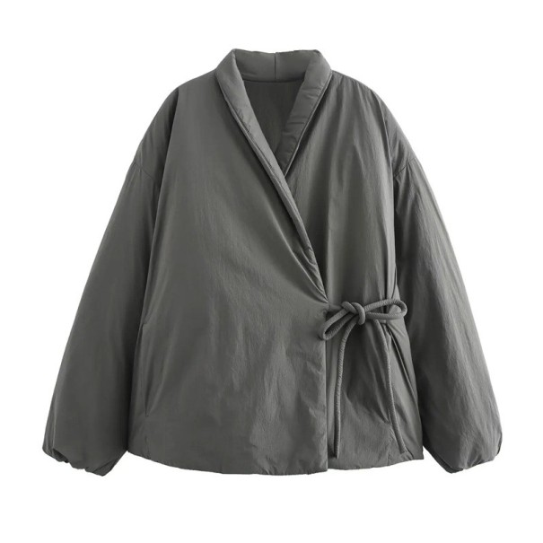 Giacca invernale da donna con scollo a V Giacca elegante in poliestere Chiusura laterale con lacci Vestibilità comoda Cappotto invernale grigio S