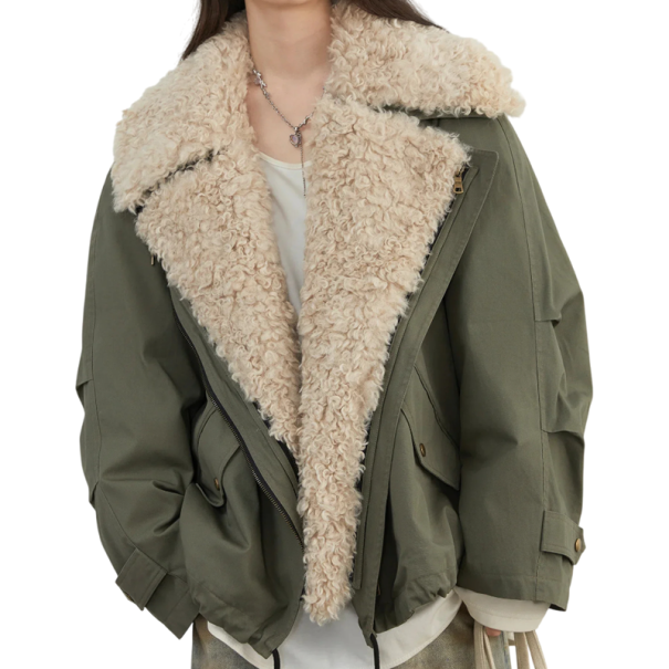 Giacca invernale da donna Giacca in cotone con zip e colletto peloso Giacca calda con tasche Elegante cappotto caldo per l'uso invernale verde L