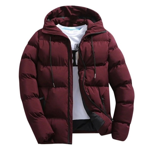 Giacca invernale da uomo Design invernale antivento Chiusura con zip Poliestere Cappuccio Tasche pratiche Indossabilità calda quotidiana Giacca invernale moderna bordeaux S