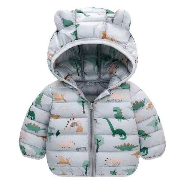 Giacca invernale per bambini con cappuccio Chiusura con zip e bottoni Giacca calda in poliestere con immagini di dinosauri Taglio invernale caldo e comodo grigio 3