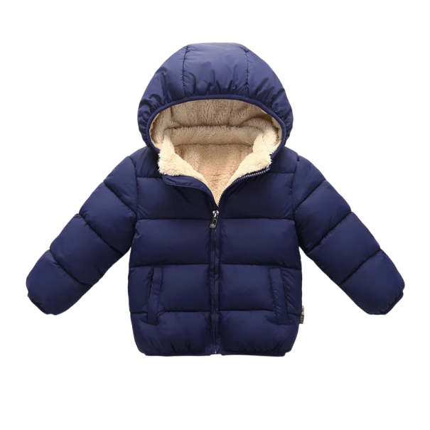 Giacca invernale per bambini unicolore con cappuccio Giacca calda in cotone e lana con zip Giacchino invernale confortevole per bambini blu scuro 2