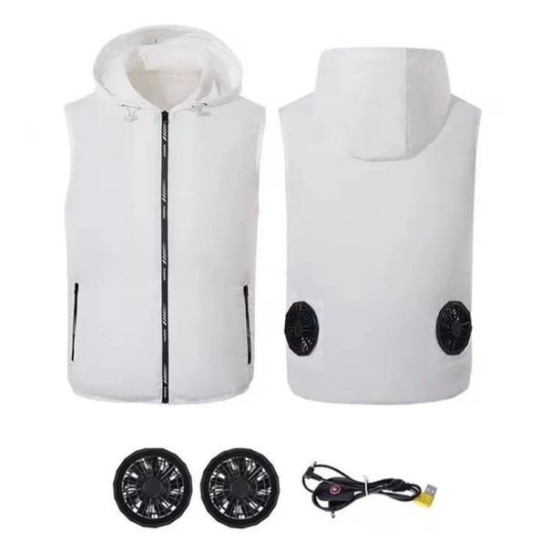 Gilet à capuche ventilé pour homme, gilet de climatisation, 2 ventilateurs sans balais de 9 cm, alimentation USB, gilet de travail d'été pour hommes blanc XS