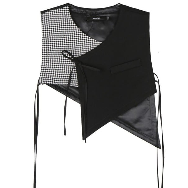 Gilet da donna asimmetrico senza maniche con legatura Nero con parte in motivo pied de poule Scollatura a V e tasca Cotone Sopra camicia o blusa XS