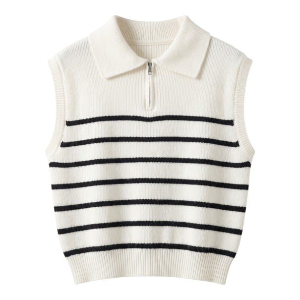 Gilet da donna bianco lavorato a maglia senza maniche con righe nere, colletto e zip al collo e bordi a costine taglia universale 1