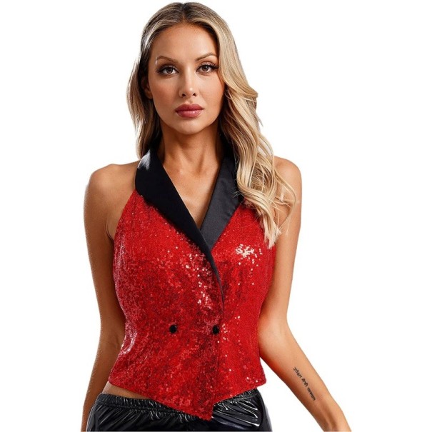 Gilet da donna con paillettes e colletto a revers senza maniche in poliestere taglio elegante per occasioni sociali e outfit serali rosso L