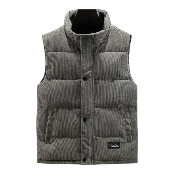 Gilet da uomo in velluto a coste con colletto alto e chiusura a bottoni a pressione per tutta la lunghezza, trapuntato grigio S