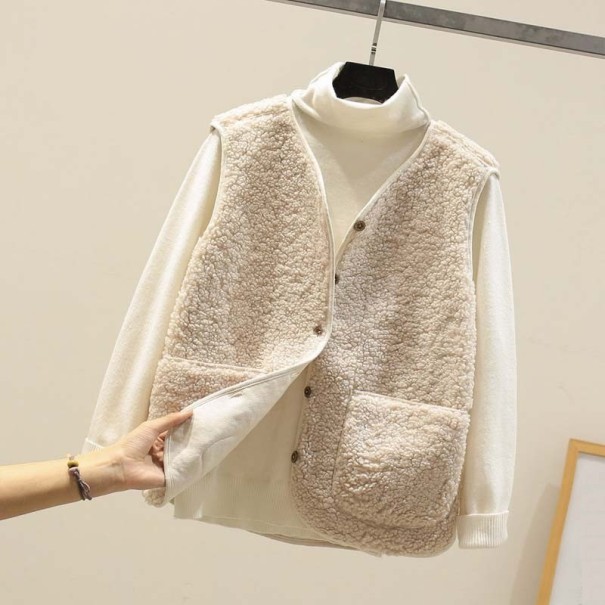 Gilet donna peloso senza maniche con bottoni Gilet caldo in poliestere e cotone Colletto a V e tasca applicata Per autunno e inverno beige L